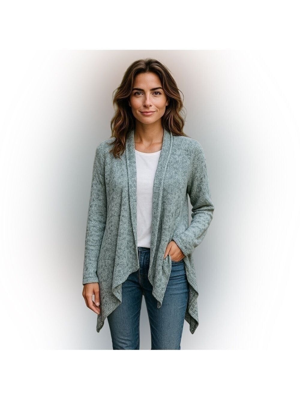 BCBGMAXAZRIA Gray Open Front Sweater Draped Boho Cardigan gray khaki tweed Sz L